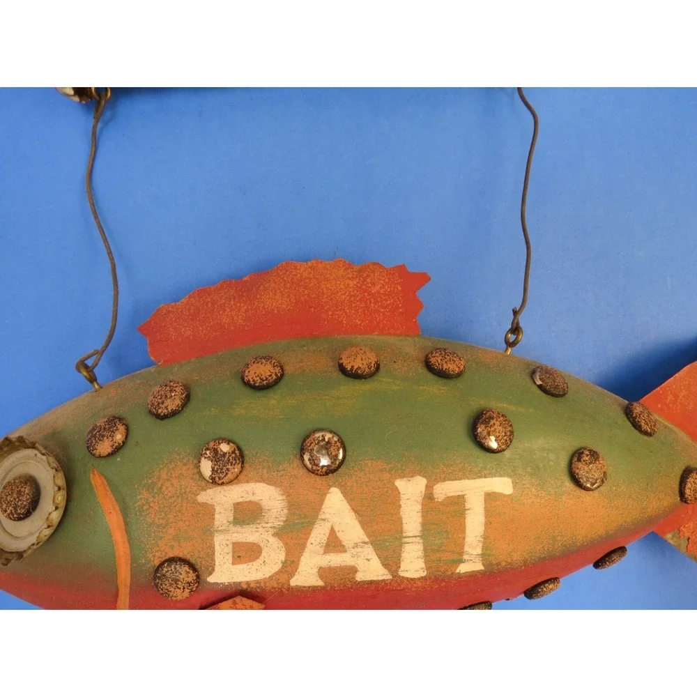 Vintage Hanging Wood Fish Bait Sign Beer Bottle Cap Folk Art